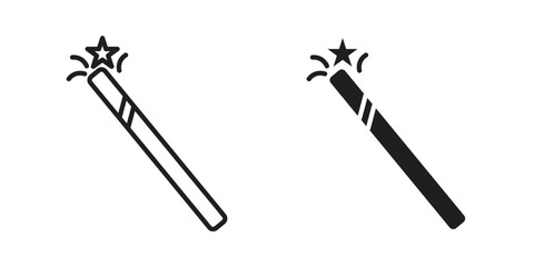 Wand icons. Solid black silhouette and line art outline. Minimal design element,