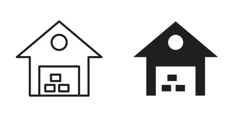 Warehouse icons. Solid black silhouette and line art outline. Minimal design element,