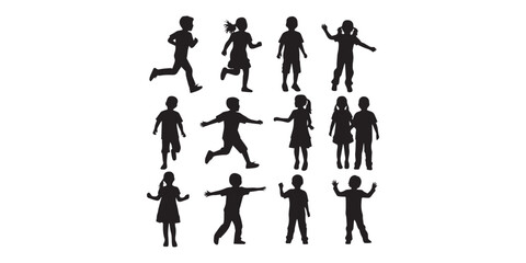 Children silhouette icons, playful poses, standing kids, sitting children, jumping figures, dancing silhouettes, vector illustration, black pictograms, expressive body language,