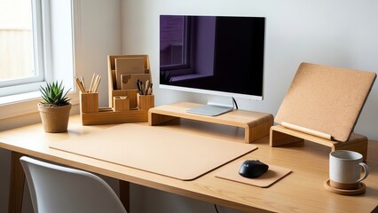 Desk setup with monitor, plant, and office supplies