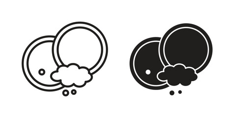 Washing dishes icons. Solid black silhouette and line art outline. Minimal design element,