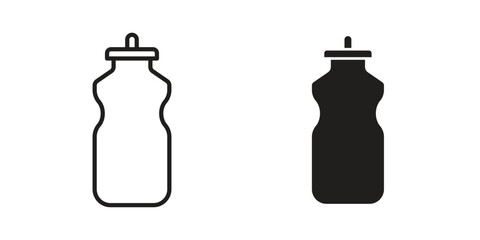 Water bottle icons. Solid black silhouette and line art outline. Minimal design element,