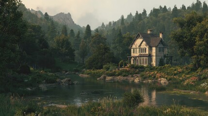 Obraz premium House by the lake with trees and mountains in the background during daytime in a natural setting