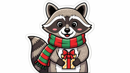 Cute cartoon raccoon wearing a festive red and green striped scarf, holding a wrapped Christmas gift, isolated vector illustration