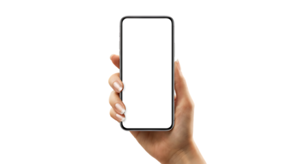 手元に提示されたフレームレススマートフォンの白い画面を強調したミニマルなデジタルモックアップ｜背景なし・透過PNG・コピースペース
