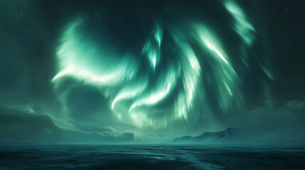 Glowing spiral aurora descending toward the earth in cosmic fantasy sky.