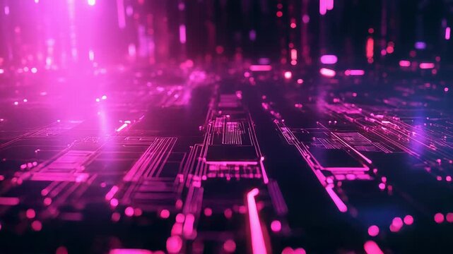 Digital circuit board radiating pink light and flowing data