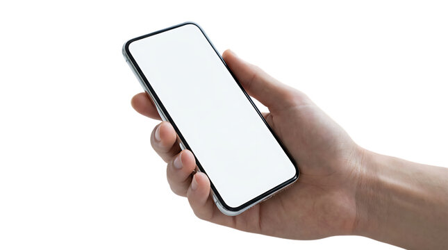 手元に提示されたフレームレススマートフォンの白い画面を強調したミニマルなデジタルモックアップ｜背景なし・透過PNG・コピースペース