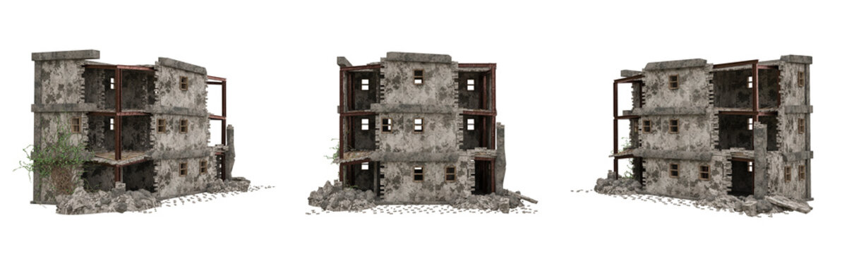 Post apocalyptic war damaged ruined building. Set of 3 isolated 3D rendered illustrations.