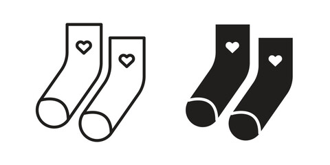 Women socks icons. Solid black silhouette and line art outline. Minimal design element,