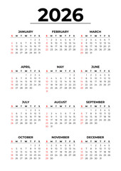 Simple and Editable 2026 Calendar in White Background