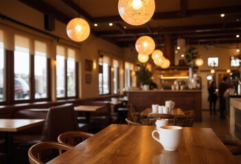 Interior of a modern and cozy caf&eacute; featuring warm lighting and leather chairs