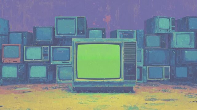 Comic Style Illustration Scene with Centered Green Screen TV and Slow Zoom Motion for Intro, Presentation and Content Display