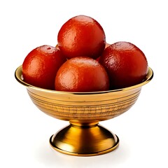Front view of a golden dessert bowl filled with delicious-looking Gulab Jamun, isolated on a white background in the style of food photography