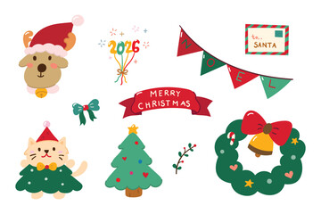 Hand drawn christmas ornaments set includes reindeer, ribbon bow, santa letter, triangular bunting flags, christmas wreath vector design.