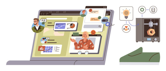 Laptop screen showcasing online team communication, data sharing, and video calls. Includes 3D printer with connected settings and product output. Ideal for teamwork, innovation, technology, design