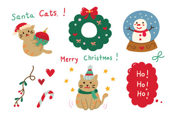 Hand drawn christmas ornaments set includes cat, snowman, christmas wreath, candy cane, cherry tree vector design.
