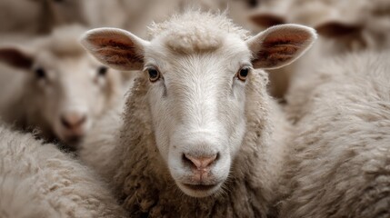 Obraz premium Close-up view of sheep in a herd during day time, captured in a rural area with natural surroundings