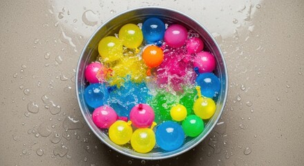 Colorful Water Balloons Splashing Water Metal Bucket Overhead View Vibrant Summer Fun Activity Concept