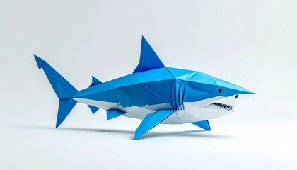Fototapeta premium “Polygonal blue and white shark with angular surfaces on white background”