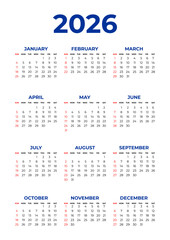 Simple 2026 Calendar Template in White Background