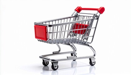 &ldquo;Empty metal shopping cart with red handle on white background&rdquo;