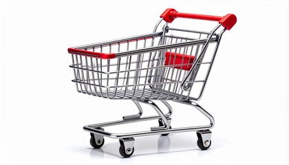 &ldquo;Empty metal shopping cart with red handle on white background&rdquo;