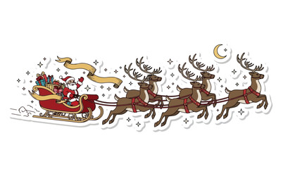 Santa Claus in his red sleigh full of presents, pulled by five flying reindeer, with a crescent moon and stars in the night sky, vector illustration isolated on white background.