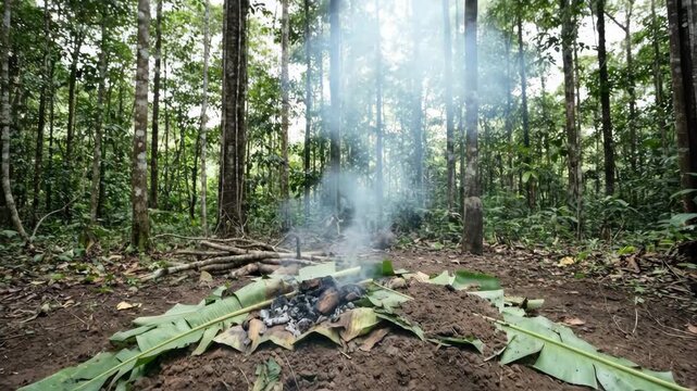 Earth oven preparing food wrapped in leaves and tied with twine, surrounded by hot potatoes and a wooden shovel, cooking traditionally in a tropical jungle environment