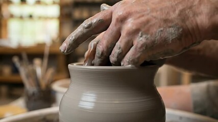 Hands of a skilled artisan shaping raw clay into a piece of pottery on a spinning wheel, demonstrating traditional craftsmanship in a creative studio setting