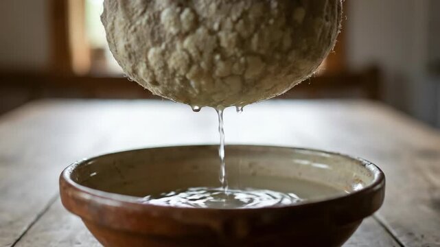 Cottage cheese curds draining whey through a suspended cheesecloth into an earthenware bowl on a wooden table, rustic country kitchen scene with natural window light, homemade process