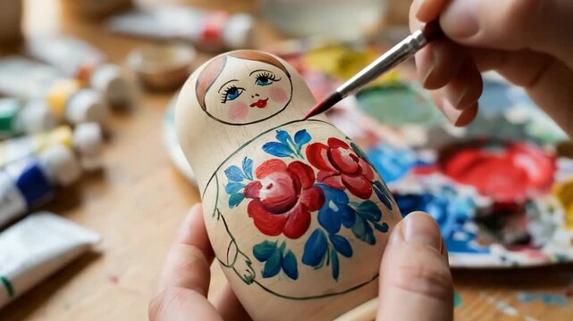 Artist's hands painting intricate floral details on a wooden matryoshka doll amid brushes, paint tubes and raw dolls on a cluttered workbench celebrating russian folk craft