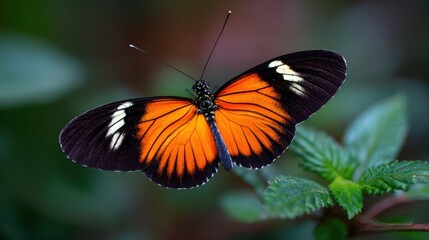 Fototapeta premium Close view of a butterfly resting on a green plant in a natural setting during daytime showcasing its vibrant orange and black wings
