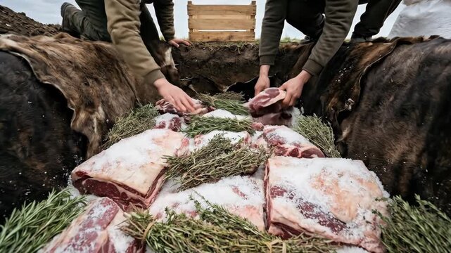 Two men seasoning raw meat with fresh herbs and coarse salt and lining a pit oven with animal hides for traditional underground trench cooking in an outdoor rural setting