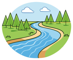 Fototapeta premium Winding River Flowing Through Lush Green Forest Landscape with Blue Sky and Clouds Illustration
