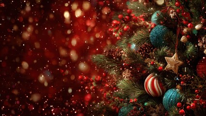 Luxurious Christmas Border Background with Fir Branches, Red Berries, Pine Cones, and Ornaments on a Deep Red Bokeh Backdrop. Festive Holiday Season Greeting Card Template.