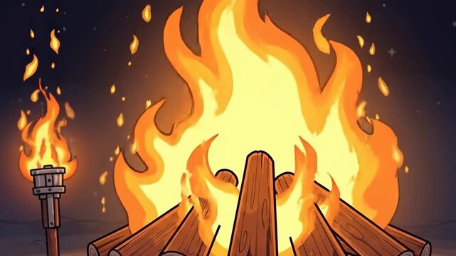 Pixelated Bonfire With Bright Flames And Glowing Embers Against A Night Sky Background