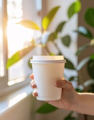 Close-up of Hand Holding White Takeaway Cup with Morning Sun and Green Plant