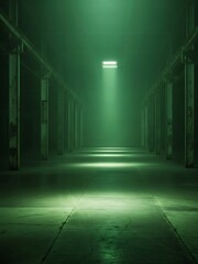 Fototapeta premium Gloomy Warehouse Interior with Green Light Emanating Down the Hall