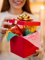 Excited Woman Holding a Festive Red Gift Box with Colorful Tissue Paper and Gold Bow
