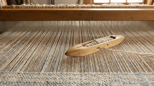 Wooden handloom weaving natural yarn into a warm, handmade textile; shuttle rests on warp threads inside a rustic workshop, close-up detail of traditional craft and pattern making