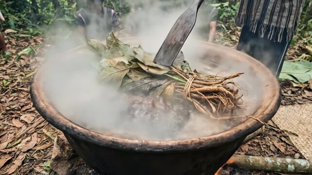Indigenous people are preparing an herbal medicine in a large cauldron over an open fire, boiling roots and leaves as steam rises in a traditional jungle setting
