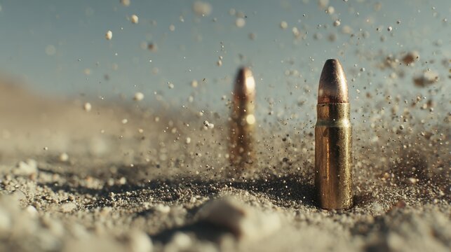 Bullets resting on sandy ground with dust clouds in a shooting range during daylight hours
