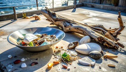 Sea Pollution on Beach with Trash and Driftwood.