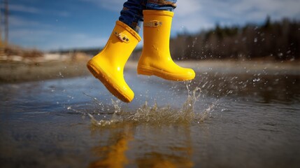 Child jumps in water while wearing yellow boots on a sunny day near a river