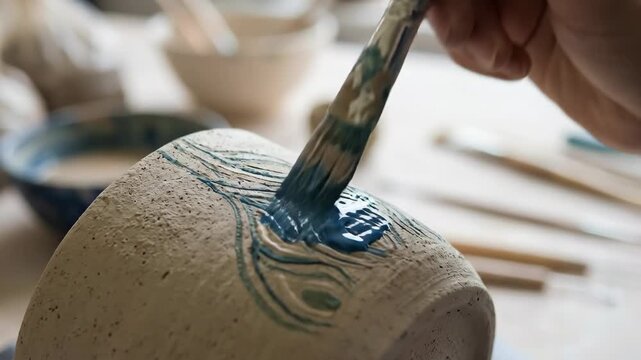 Artist carefully painting intricate blue designs onto a raw ceramic pot with a paintbrush, demonstrating handmade artistry and creativity in a pottery studio