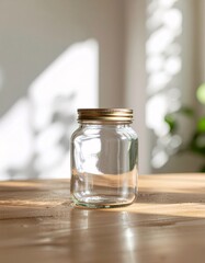 Close-up of an empty glass jar with a metallic lid on a sunlit wooden table.