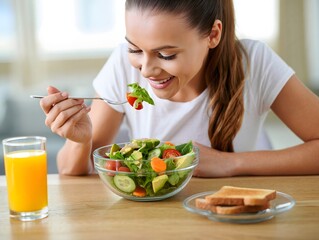 Healthy Woman Enjoying a Fresh Salad and Toast for Breakfast