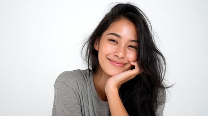Fototapeta premium A woman sits in an indoor space with natural light coming in. She has long hair and a bright smile while resting her chin on her hand.