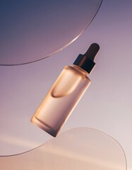 Elegant dropper bottle with liquid floating on abstract curved background in studio